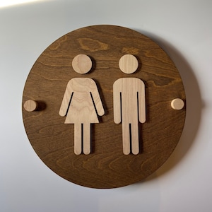 Wood Bathroom Sign | Unisex Men Women Handicap Designs | Business Restroom Signs with Wood Standoff Fixtures