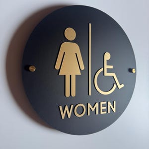 Black and Gold Acrylic Bathroom Sign | Unisex Men Women Handicap Designs | Business Restroom Signs