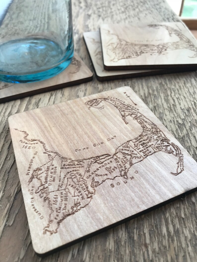 Custom Vintage Cape Cod Map Coasters Engraved Wooden Drink Etsy