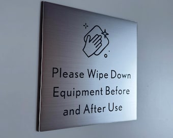 Please Wipe Down Equipment Before and After Use Sign 6x6" | Adhesive Backing | Pilates Yoga Fitness Gym