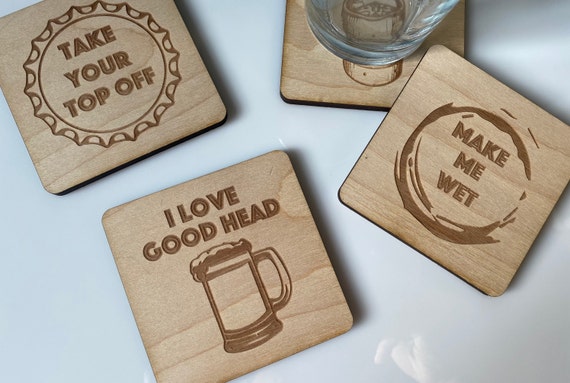 Funny Beer Coasters Set of 4 Wood Square Drink Adult Humor Home
