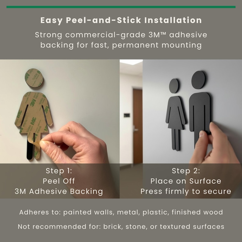 K&ouml;nnte beinhalten: Schwarze Toilettenschilder mit einer weiblichen und m&auml;nnlichen Figur. Die Schilder haben eine selbstklebende 3M-R&uuml;ckseite zur Montage. Der Text umfasst Easy Peel-and-Stick Installation, Step 1: Peel Off 3M Adhesive Backing und Step 2: Place on Surface.