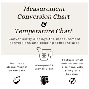Puede incluir: Ilustraci&oacute;n en blanco y negro de una taza medidora, un im&aacute;n, una mano con productos de limpieza y una marca de verificaci&oacute;n. El texto dice "Tabla de conversi&oacute;n de medidas y tabla de temperaturas" y "Muestra de forma pr&aacute;ctica las conversiones de medidas y las temperaturas de cocci&oacute;n". Cuenta con un im&aacute;n fuerte en la parte posterior, es impermeable y f&aacute;cil de limpiar, y tiene un peque&ntilde;o agujero para colgar con una cuerda o un llavero.