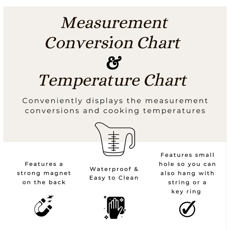 Puede incluir: Ilustraci&oacute;n en blanco y negro de una taza medidora, un im&aacute;n, una mano con productos de limpieza y una marca de verificaci&oacute;n. El texto dice "Tabla de conversi&oacute;n de medidas y tabla de temperaturas" y "Muestra de forma pr&aacute;ctica las conversiones de medidas y las temperaturas de cocci&oacute;n". Cuenta con un im&aacute;n fuerte en la parte posterior, es impermeable y f&aacute;cil de limpiar, y tiene un peque&ntilde;o agujero para colgar con una cuerda o un llavero.