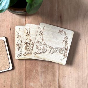 Cape Cod Map Drink Coasters Set | Laser Engraved Real Wood with Cork Backing – East Coast Coastal Decor Housewarming Gift
