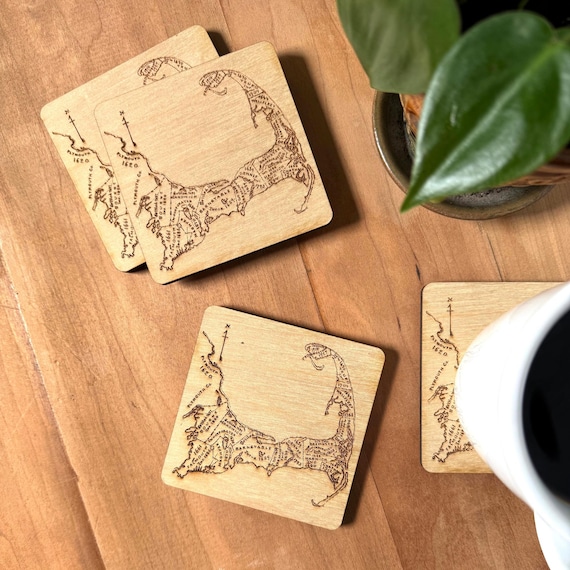Cape Cod Map Coasters Set of 4, Engraved Wood Nautical Coasters, Beach House Decor, New England Gift, Coastal Housewarming