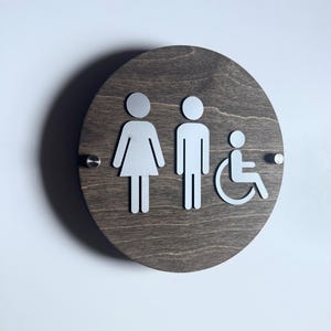 Wood & Silver Acrylic Bathroom Sign | Unisex Men Women Handicap Designs | Business Restroom Signs