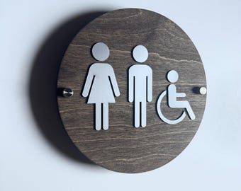 Wood & Silver Acrylic Bathroom Sign | Unisex Men Women Handicap Designs | Business Restroom Signs