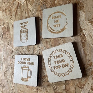 Funny Beer Coasters Set of 4 Wood Square Drink Adult Humor Home Bar Dirty Jokes Brewery Gifts Craft Beer Nerd image 4