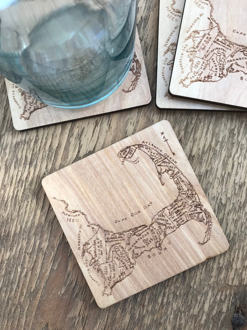 Custom Vintage Cape Cod Map Coasters Engraved Wooden Drink Etsy