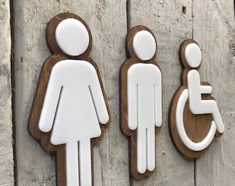 Bathroom Icon Men's Women's Rustic Coffee Shop | Wood & Acrylic Office Restaurant Restroom Signs Business Handicap Home Bar | ADA Sign