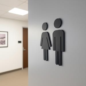 K&ouml;nnte beinhalten: Ein Set aus zwei schwarzen, mattierten Toilettenschildern, die an einer hellgrauen Wand montiert sind. Die Schilder zeigen stilisierte, minimalistische menschliche Figuren, eine mit Kleid und eine mit Hose, beide mit kreisf&ouml;rmigen K&ouml;pfen.