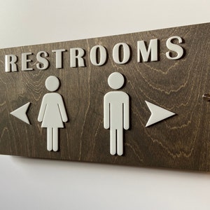Wood & Acrylic Directional Arrow Bathroom Sign | Unisex Men Women Handicap Designs | Business Restroom Signs