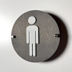 Wood & Glossy White Acrylic Bathroom Sign | Unisex Men Women Handicap Designs | Business Restroom Signs