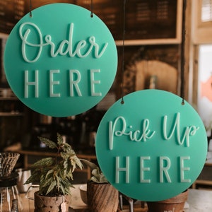 Order Here Pickup Here Sign | Semi Transparent Aqua Acrylic Cafe Decor | Custom Restaurant Bakery Ice Cream Food Truck Display | 12x12&quot;