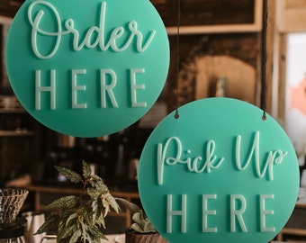 Order Here Pickup Here Sign | Semi Transparent Aqua Acrylic Cafe Decor | Custom Restaurant Bakery Ice Cream Food Truck Display | 12x12"