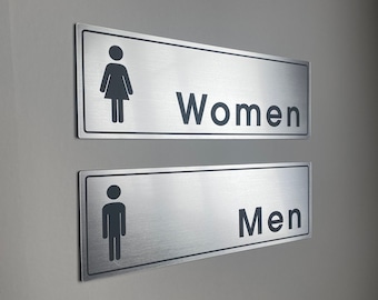 Bathroom Signs Stainless Steel Home Office Cafe Restaurant |  Mens Womens Room | 9x3" Weatherproof & UV Resistant with 3m Adhesive Backing