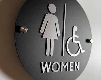 Black and Silver Acrylic Bathroom Sign | Unisex Men Women Handicap Designs | Business Restroom Signs