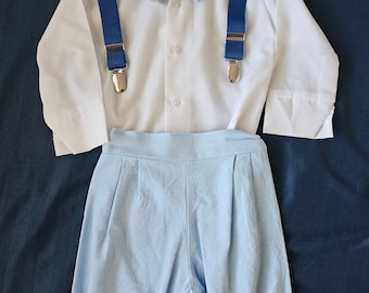 Vintage Pale Blue Page Bou Linen Suit/Christening Baby Suit Size 18 months Made in USA.