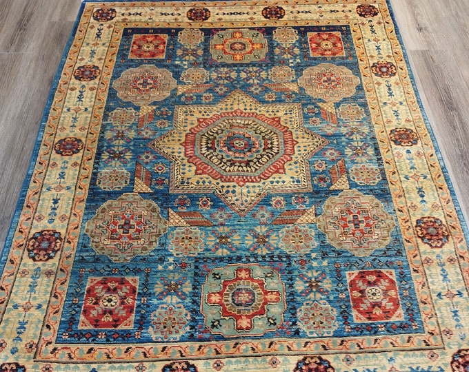 Afghan Blue Rug, 5x7 rug, turkish kilim rug, hooked rugs large, sewing, work from home, home office, nursery decor, small rug, custom rugs