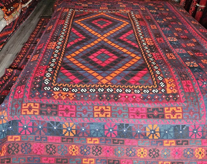 8x13 Afghan Kilim Rug, oushak vintage rugs, Arts and Crafts, knit deisgn, case, abstract rug, sisal rug, fringe rug, washable rugs, cute rug