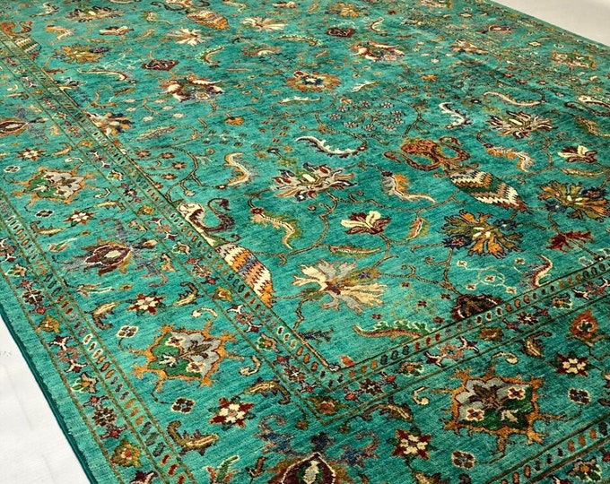 10x7 Feet Top Quality Mamluk Handmade Afghan Rug, Persian Designed from Tribal Ghazni | Living room Carpet, Green Neon Colored