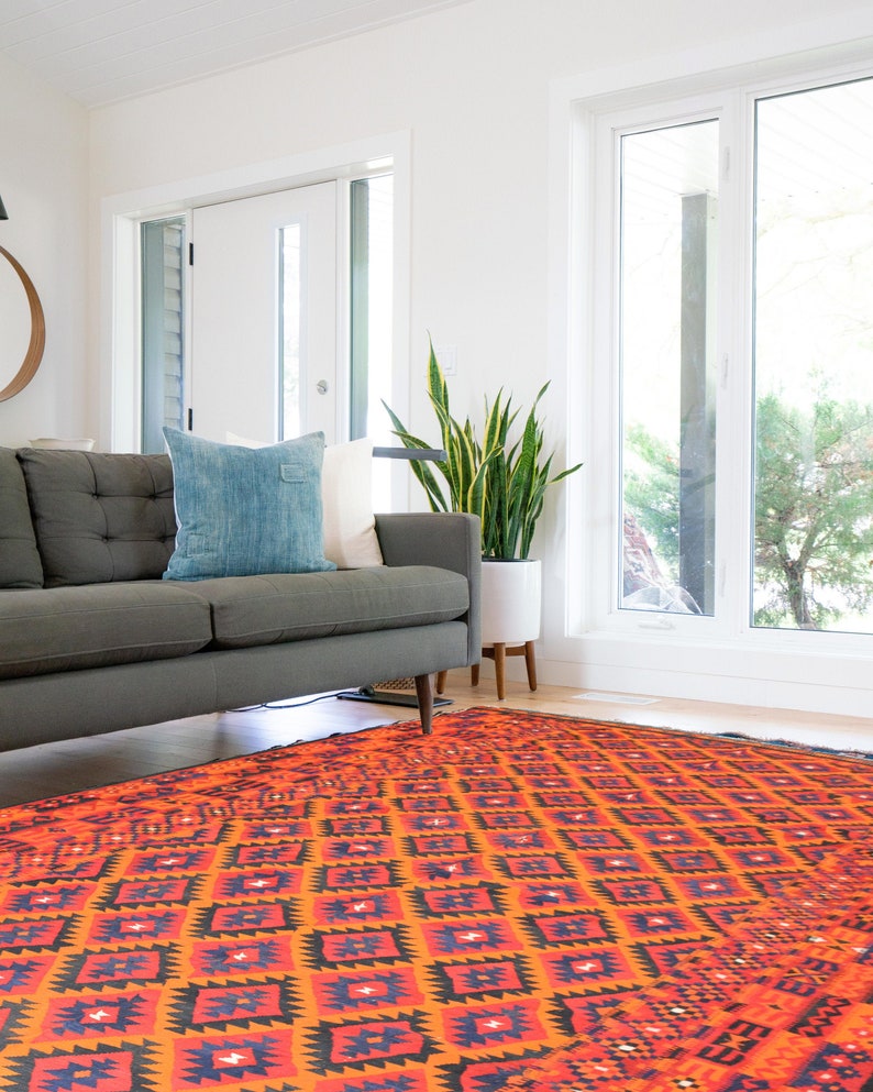 May include: A gray sofa with a blue pillow sits in front of a large window with a view of trees. A potted plant is next to the sofa. A colorful patterned rug covers the floor.