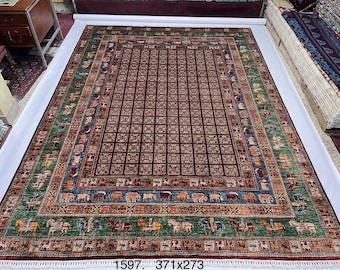 Handmade 13x10 Feet Ghazni Afghan Rug, Persian Designed For Living Room | Wool Area Oriental Carpet, Maroon Colored