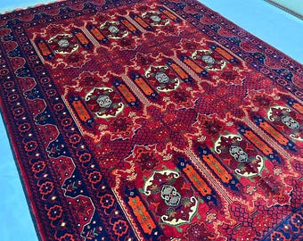 Braided Wool Rug 302 x 204 cm | Afghan Volayati Area Rug, Red Navy Geometric