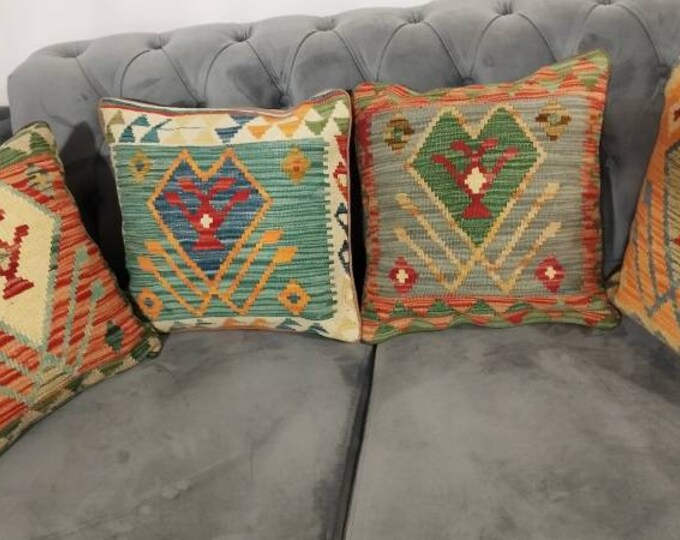 Set of 4 Handmade 14 In woolle cushion covers,Throw Pillow Set, Bohemian Pillow Covers,Throw Pillow,Kilim Pillow Cover, Moroccan pillow cove