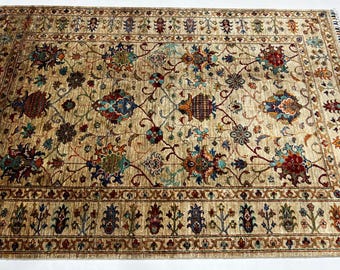 Oval Wool Rug 6'1" x 4'2" ft | Afghan Mamluk Area Rug, Beige Multicolor