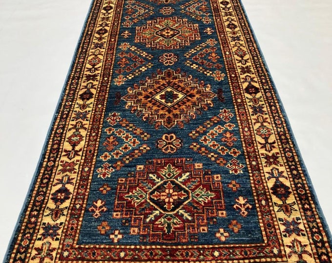 Handmade Runner 10x2.5 Feet Fine Kazak Afghan Rug, Persian Designed For Living Room | Wool Area Oriental Carpet, Maroon Colored