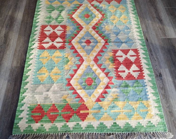 3x5 Kilim rug Afghan Wool Kilim, anniversary, Gift For Mom, bedroom rug, Christmas Gift, Valentine's gift, fluffy office rug, Sustainable