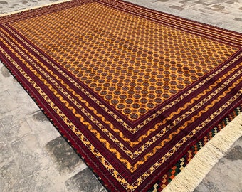 Handmade 10x7 Feet Ghazni Afghan Rug, Persian Designed For Living Room | Wool Area Oriental Carpet, Maroon Colored