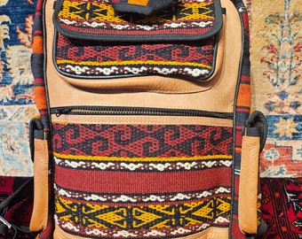 Leather Afghan Kilim Bag, Handmade Leather Bag, Kilim Leather Bag, Carpet Leather Bag, Leather Backpack, Leather Knapsack, Leather Pack