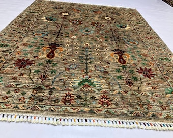 5x7 Mamluk Rug, bohemian rug, persian rug, small rug, rugs for living room, fringe rug, deco -handmade, vintage flower shape rug, aztec rug