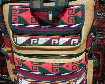 Leather Afghan Kilim Bag, Handmade Leather Bag, Kilim Leather Bag, Carpet Leather Bag, Leather Backpack, Leather Knapsack, Leather Pack