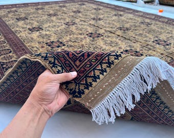 Wool Textile Art 10'6" x 8'2" ft Afghan Volayati Area Rug, Beige Burgundy