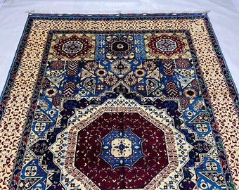 Abstract Wool Rug 9'11" x 6'6" ft | Afghan Area Rug, Navy Red Ivory Medallion