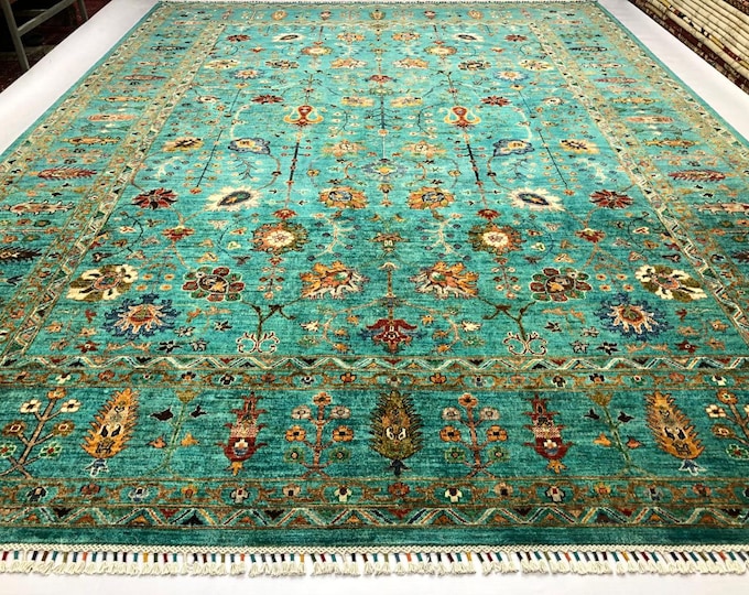 12x9 Feet Top Quality Mamluk Handmade Afghan Rug, Persian Designed from Tribal Ghazni | Living room Carpet, Green Colored