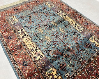 Wool Rug 5x7 205 x 153 cm | Afghan Volayati Area Rug, Light Blue Rust
