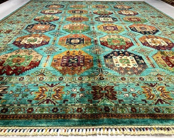 10x8 Feet Top Quality Mamluk Handmade Afghan Rug, Persian Designed from Tribal Ghazni | Living room Carpet, Neon Colored