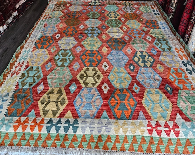 7x10 afghan kilim, rag rug, kids rug, braided rugs, rug pad, small rug, modern furniture, boho rug, washable, neutral oriental rug, nomadic