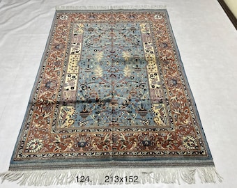 Abstract Wool Rug 213 x 152 cm | Afghan Volayati Area Rug, Sky Blue Rust