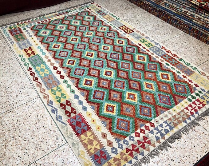 7x10 Afghan Kilim, rag rug, kids rug, braided rugs, rug pad, small rug, modern furniture, boho rug, washable, neutral oriental rug, nomadic