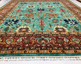 10x8 Feet Top Quality Mamluk Handmade Afghan Rug, Persian Designed from Tribal Ghazni | Living room Carpet, Green Colored