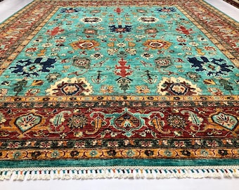 10x8 Feet Top Quality Mamluk Handmade Afghan Rug, Persian Designed from Tribal Ghazni | Living room Carpet, Green Colored