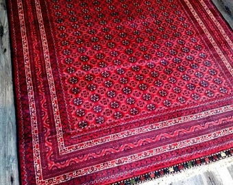 Red Bokhara Rug, Soft Turkmen Area Rugs Living Room Bedroom Entryway Luxury Kitchen kids room Geometric Handmade rug, Persian rug Afghan rug