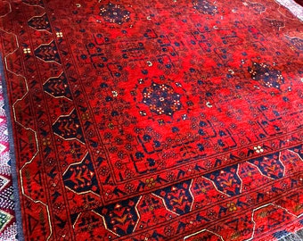 Red Bokhara Rug, Soft Turkmen Area Rugs Living Room Bedroom Entryway Luxury Kitchen kids room Geometric Handmade rug, Persian rug Afghan rug