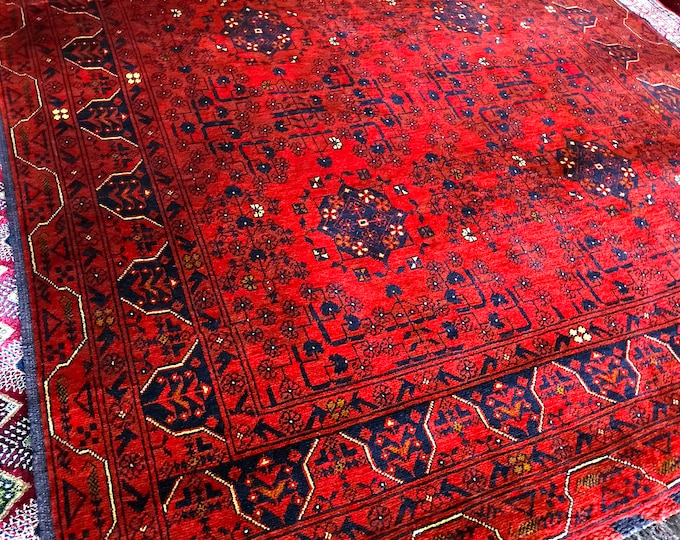 Red Bokhara Rug, Soft Turkmen Area Rugs Living Room Bedroom Entryway Luxury Kitchen kids room Geometric Handmade rug, Persian rug Afghan rug